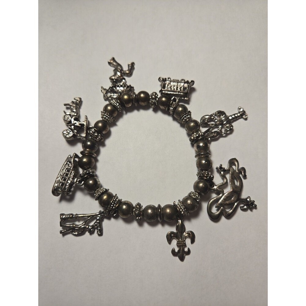 New Orleans Themed Silver Toned Metal Stretchy Charm Bracelet NOLA